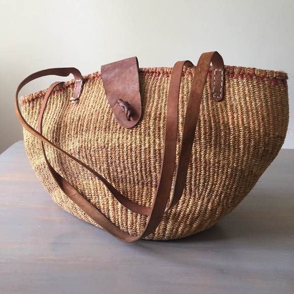 Handbags - Woven Basket Bag with Leather Straps One Size